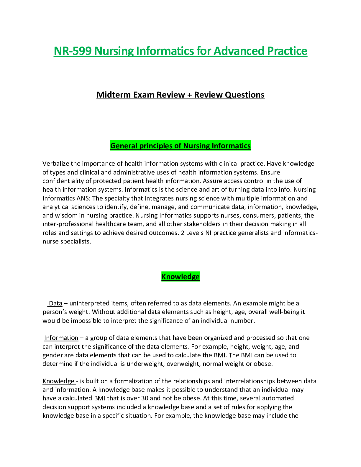 Preview of NR 599 / NR599 Midterm Exam Review (Latest Update) Nursing Informatics for Advanced Practi